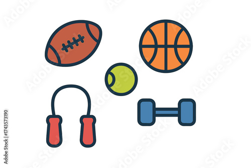 Essential sports equipment and fitness accessories including balls, dumbbell, and jump rope