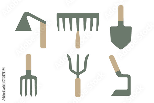 Essential gardening tools set including hoe rake shovel and pitchfork