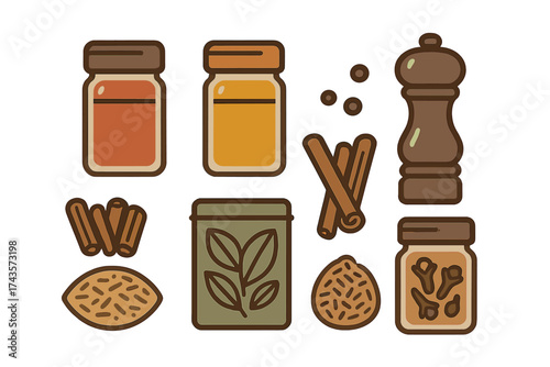 Collection of kitchen spices and herbs including cinnamon, cloves, and pepper in jars