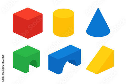 Isometric view of colorful educational building blocks featuring various basic geometric forms
