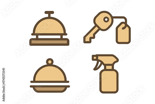 Hospitality service icons including room key, bell, food cloche, and cleaning spray