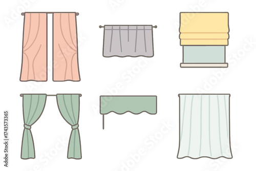 Set of various window treatments including drapes, roman blinds, and valances in soft pastel colors