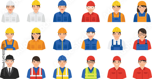 Construction workers and engineers team illustration, diverse people in uniform and safety helmets, professional occupation characters, industrial teamwork concept vector design