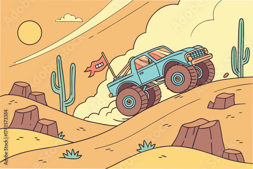 Dynamic cartoon monster truck rally scene with vibrant colors and energetic action perfect for event promotions and children s themes