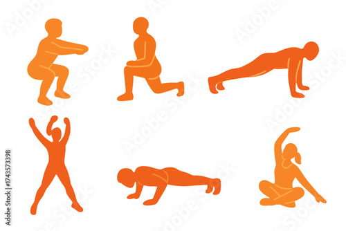 Stylized figures demonstrating various fitness exercises including squats, lunges, planks, and stretching poses