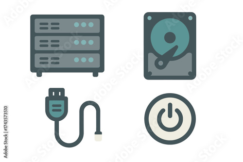 Essential technology icons featuring server unit, hard disk drive, USB connector, and power symbol