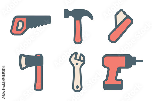 Essential construction and DIY tools collection including hammer saw wrench and power drill