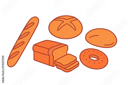 Variety of freshly baked bread products including baguette, sliced toast, round rolls, and a bagel