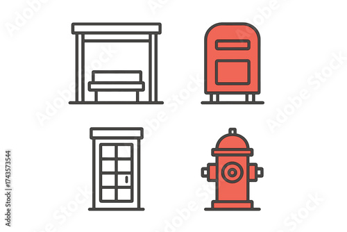 Set of essential urban infrastructure elements including bus stop, public mailbox, telephone booth, and fire hydrant