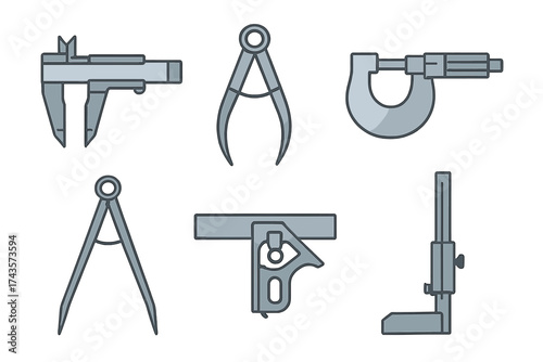 Precision engineering and drafting measuring instruments set including calipers, micrometers, and compasses