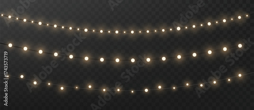 Holiday Christmas lights garland. Glowing vertical decoration isolated on dark background