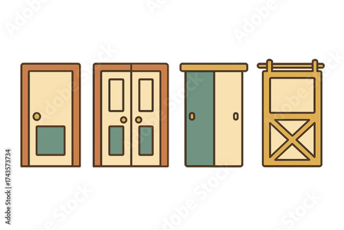 Collection of four architectural interior doors: hinged, double, sliding closet, and rustic barn styles