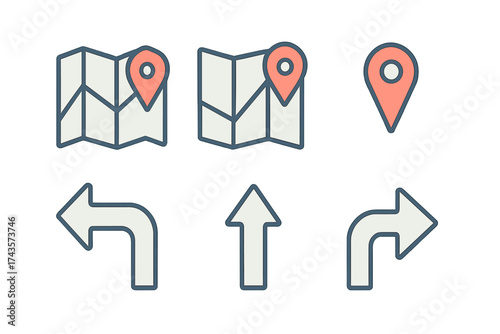 Collection of navigation icons featuring folded maps, location markers, and curved directional arrows for user interface design