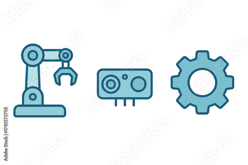 Industrial automation symbols showing robotic arm, sensor module, and mechanical gear