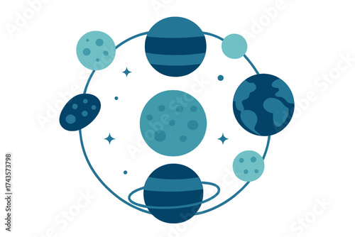 Minimalist arrangement of celestial bodies and planets rotating around a central point