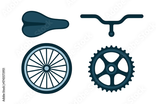 Essential bicycle components set featuring wheel, saddle, handlebar, and sprocket