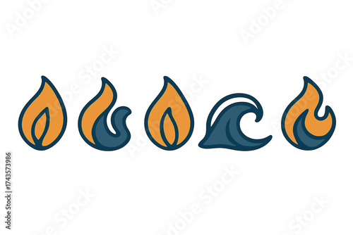 Stylized graphic icons of alternating fire flames and rolling ocean waves