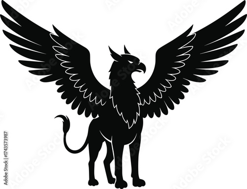 Griffin mythical creature silhouette illustration, fantasy winged beast vector design, powerful guardian animal, mythology legend art, strength and fantasy symbolism concept