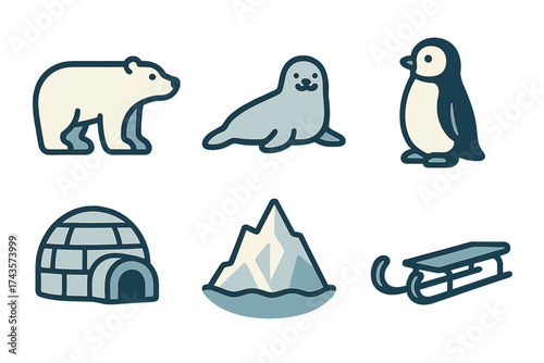 Arctic and Antarctic animals and winter objects set including polar bear, seal, penguin, igloo, iceberg, and sled