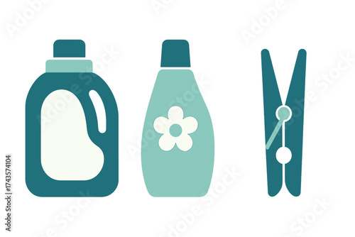 Collection of household laundry supplies including detergent, fabric conditioner, and wooden clothespin