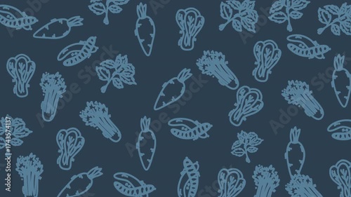 A seamless pattern of stylized blue line art vegetables, including carrots, bok choy, and celery, on a dark blue background.