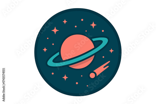 Stylized cosmic scene with ringed planet and bright comet in deep space