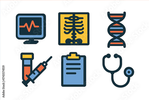 Essential medical diagnostic tools and healthcare symbols including DNA structure, X-ray image, and stethoscope