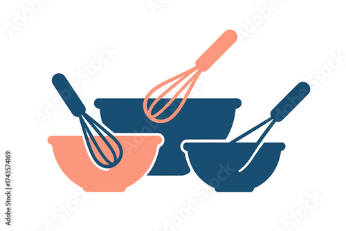 Assortment of kitchen baking tools including mixing bowls and wire whisks