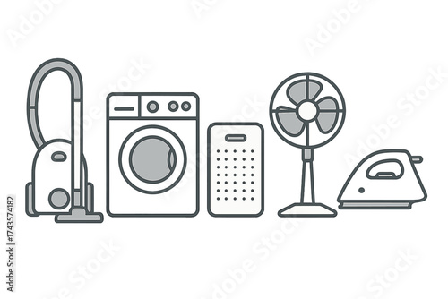 Essential household appliances and cleaning equipment icons in line art style