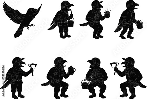 Vector Silhouette of Bird Workers in Construction Outfits with Tools and Coffee in Humorous Cartoon Style for Creative Design Use