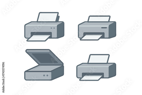 Modern office equipment icons featuring various printers and a flatbed scanner
