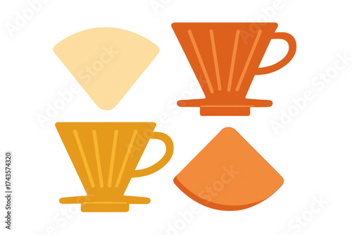 Stylized collection of pour-over coffee drippers and paper filters in warm tones