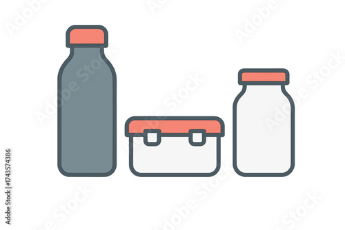 Reusable food and beverage containers set including bottle, jar, and lunch box