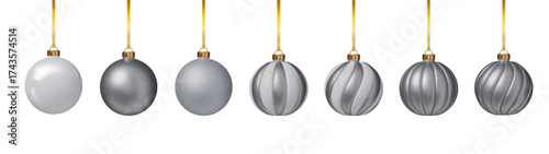 Silver Christmas ball set hanging on ribbons PNG. Realistic 3D baubles holiday decoration vector