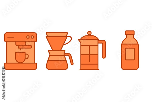 Modern icons showing coffee maker, pour over device, French press, and beverage bottle
