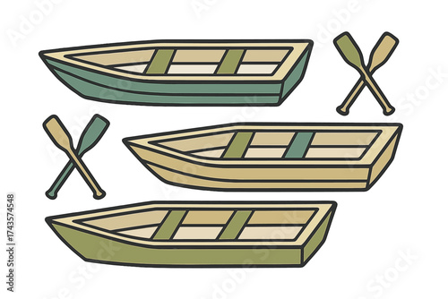 Set of three small wooden rowboats in various colors with crossed oars symbolizing water recreation and leisure activities