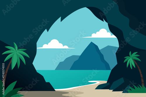 Cave opening to a tropical beach with palm trees