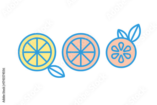 Colorful stylized citrus fruit slices including lemon and orange with leaves