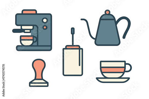 Set of essential coffee preparation equipment including espresso machine and kettle