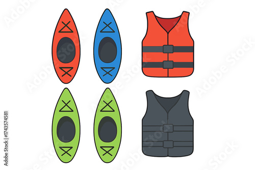 Colorful kayaks and personal flotation devices for water recreation and safety