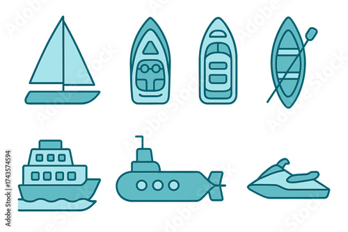 Assortment of nautical and marine transport symbols featuring ships, boats, and watercraft
