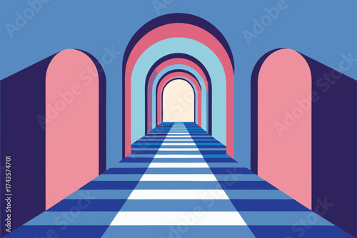 A perspective view of a corridor with arches and path