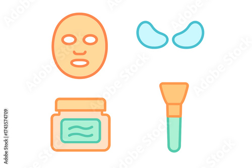 Essential beauty and facial skincare items including mask, patches, cream, and brush