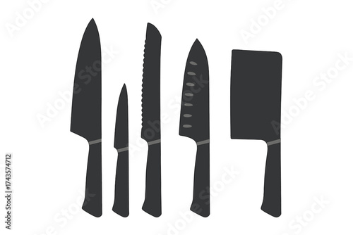 Set of professional chef knives and essential cooking utensils including a large meat cleaver