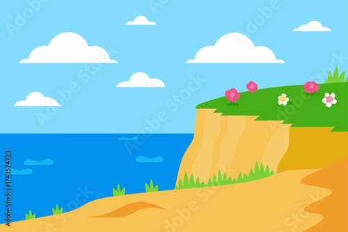 Cartoon landscape with cliff flowers and ocean view