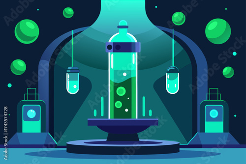Laboratory scene with green liquid and spheres art