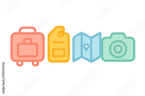Colorful flat design icons representing essential travel and tourism items like luggage, map, and camera