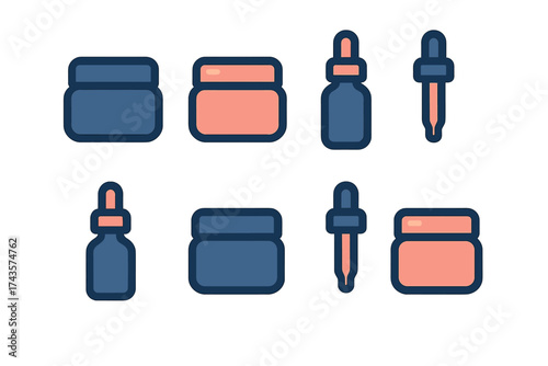 Modern flat icons of cosmetic jars, serum bottles, and skincare packaging