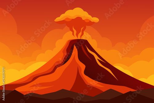 Illustration of an erupting volcano with orange sky