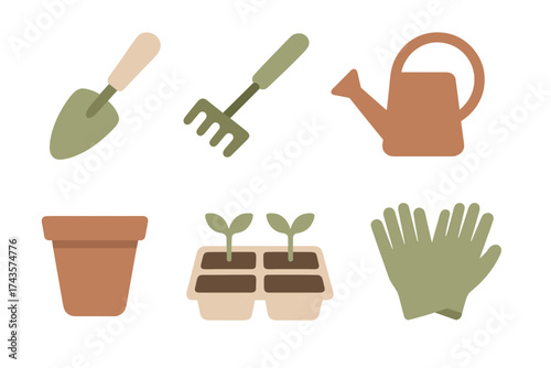 Collection of essential gardening tools and supplies for home planting and horticulture